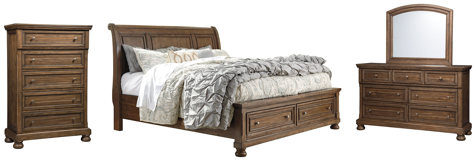 Flynnter Queen Sleigh Bed with 2 Storage Drawers with Mirrored Dresser and Chest Huntsville Furniture Outlet