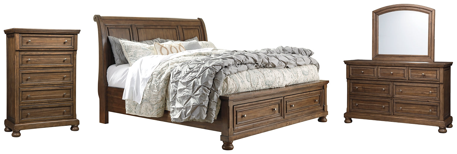 Flynnter Queen Sleigh Bed with 2 Storage Drawers with Mirrored Dresser and Chest Huntsville Furniture Outlet