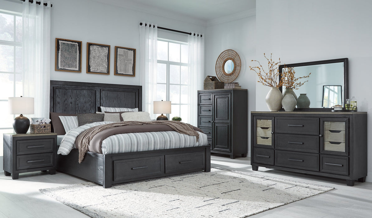 Foyland California King Panel Storage Bed with Mirrored Dresser, Chest and 2 Nightstands Huntsville Furniture Outlet