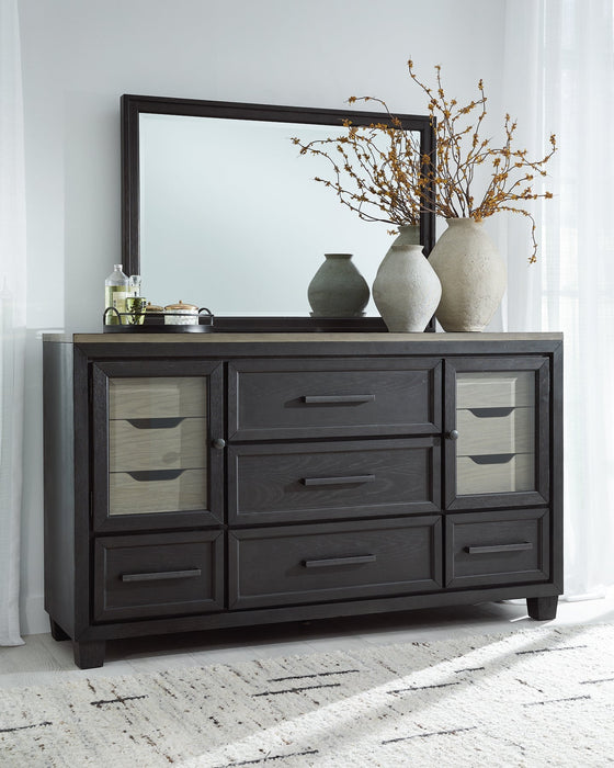 Foyland California King Panel Storage Bed with Mirrored Dresser, Chest and 2 Nightstands Huntsville Furniture Outlet