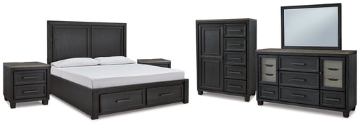 Foyland California King Panel Storage Bed with Mirrored Dresser, Chest and 2 Nightstands Huntsville Furniture Outlet