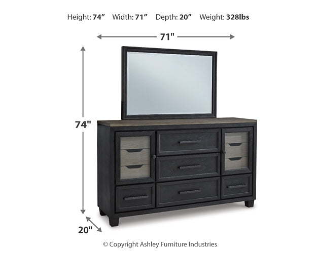 Foyland California King Panel Storage Bed with Mirrored Dresser, Chest and 2 Nightstands Huntsville Furniture Outlet