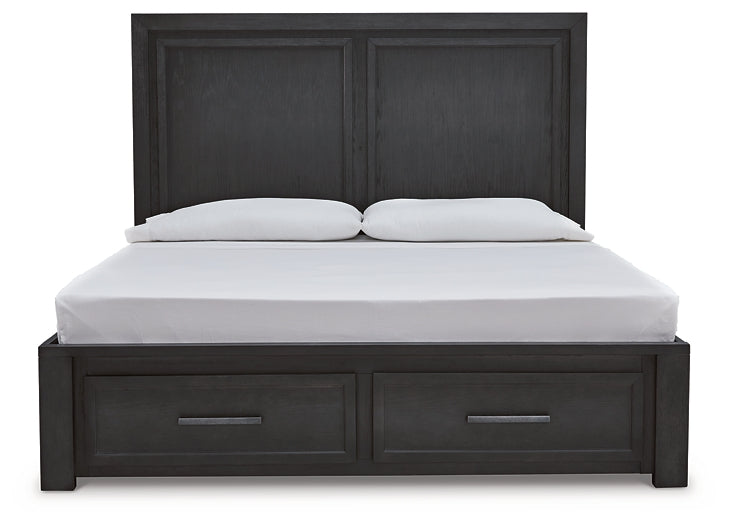 Foyland California King Panel Storage Bed with Mirrored Dresser, Chest and 2 Nightstands Huntsville Furniture Outlet