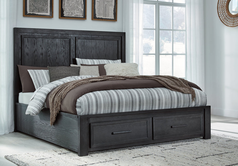 Foyland California King Panel Storage Bed with Mirrored Dresser, Chest and 2 Nightstands Huntsville Furniture Outlet