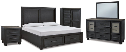 Foyland California King Panel Storage Bed with Mirrored Dresser, Chest and Nightstand Huntsville Furniture Outlet