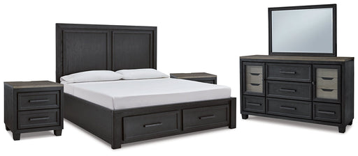 Foyland California King Panel Storage Bed with Mirrored Dresser and 2 Nightstands Huntsville Furniture Outlet