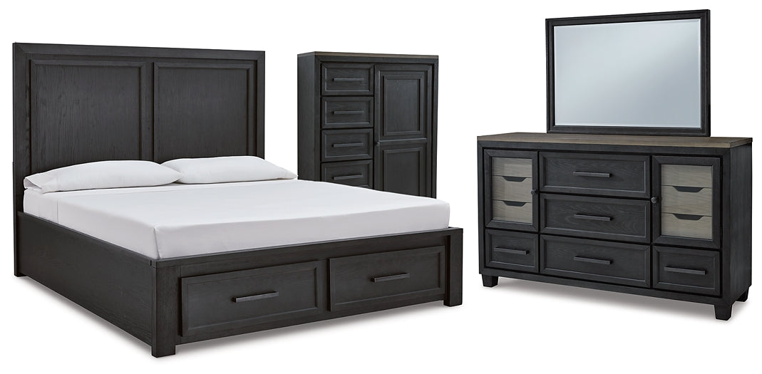 Foyland California King Panel Storage Bed with Mirrored Dresser and Chest Huntsville Furniture Outlet