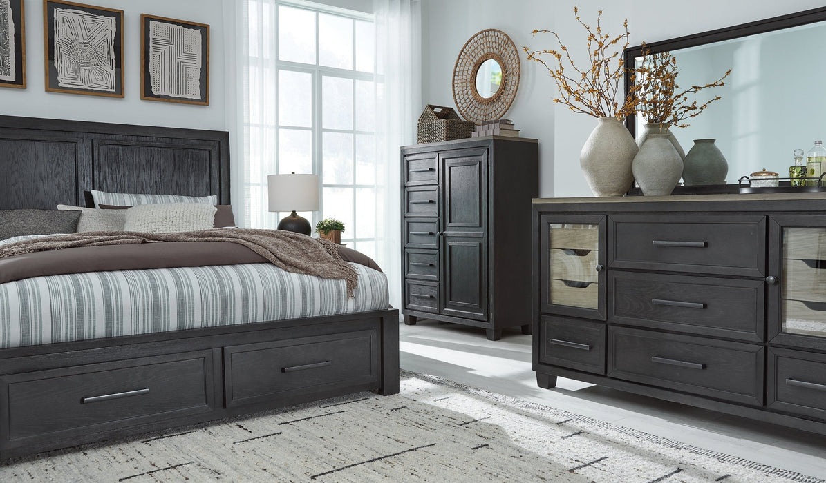 Foyland California King Panel Storage Bed with Mirrored Dresser and Chest Huntsville Furniture Outlet