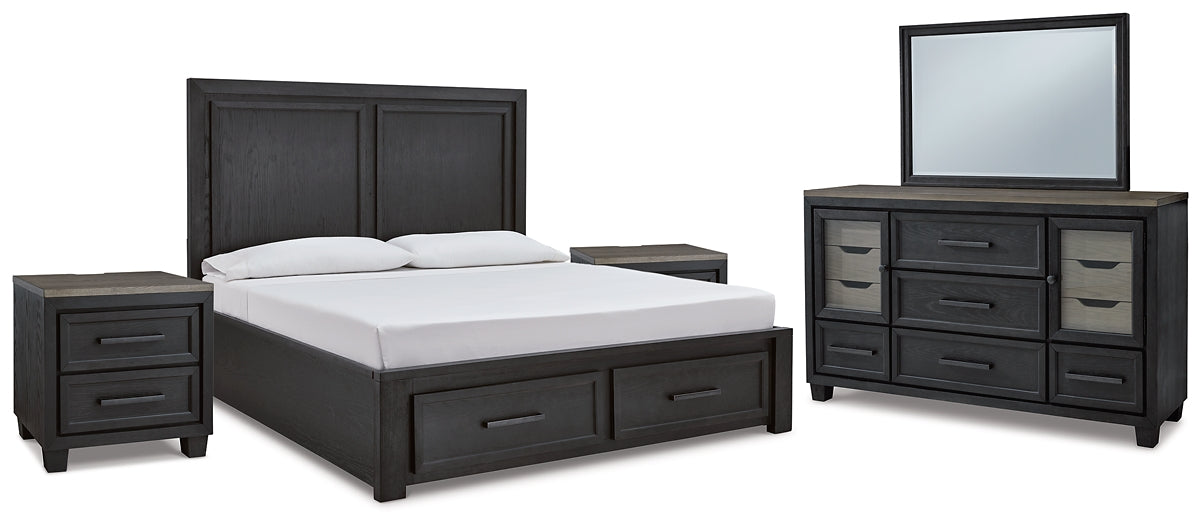 Foyland King Panel Storage Bed with Mirrored Dresser and 2 Nightstands Huntsville Furniture Outlet