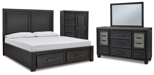 Foyland King Panel Storage Bed with Mirrored Dresser and Chest Huntsville Furniture Outlet