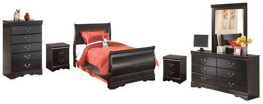 Huey Vineyard Full Sleigh Bed with Mirrored Dresser, Chest and 2 Nightstands Huntsville Furniture Outlet