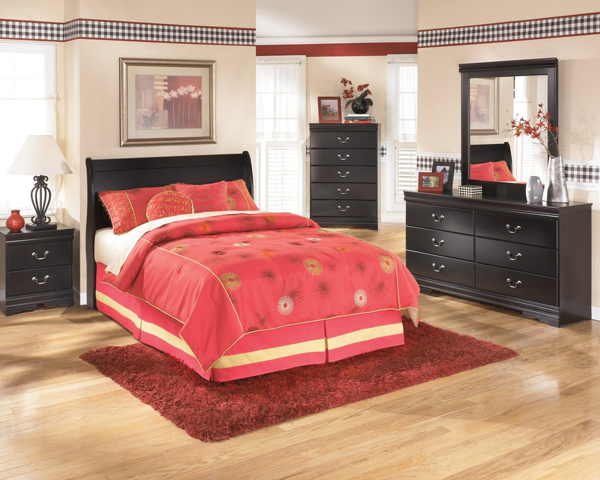 Huey Vineyard Full Sleigh Headboard with Mirrored Dresser, Chest and 2 Nightstands Huntsville Furniture Outlet