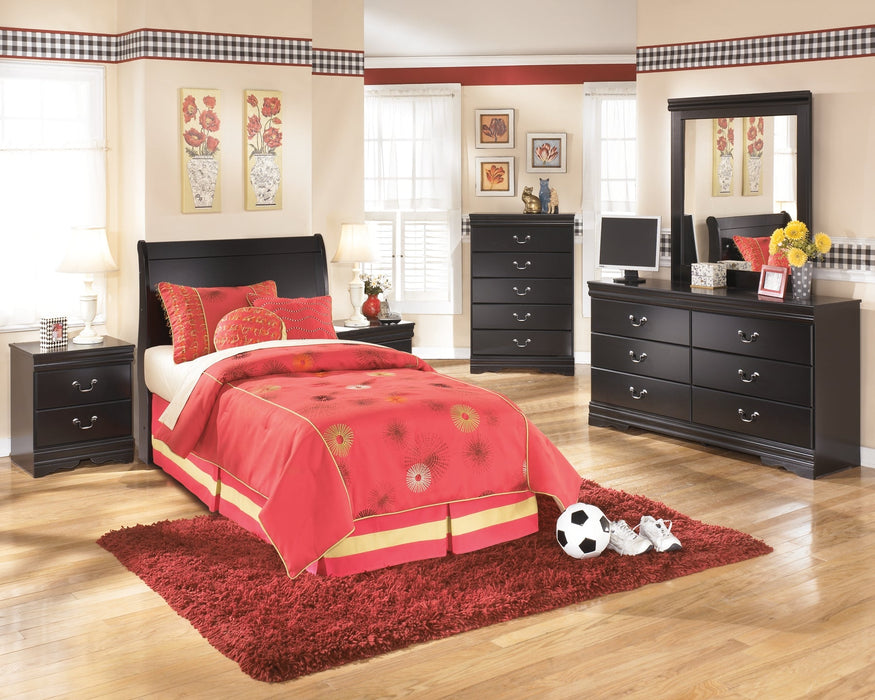 Huey Vineyard Twin Sleigh Headboard with Mirrored Dresser, Chest and 2 Nightstands Huntsville Furniture Outlet