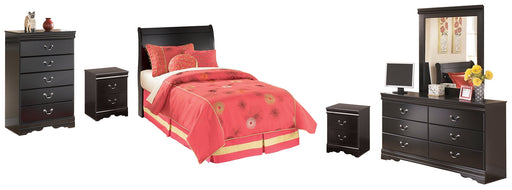 Huey Vineyard Twin Sleigh Headboard with Mirrored Dresser, Chest and 2 Nightstands Huntsville Furniture Outlet