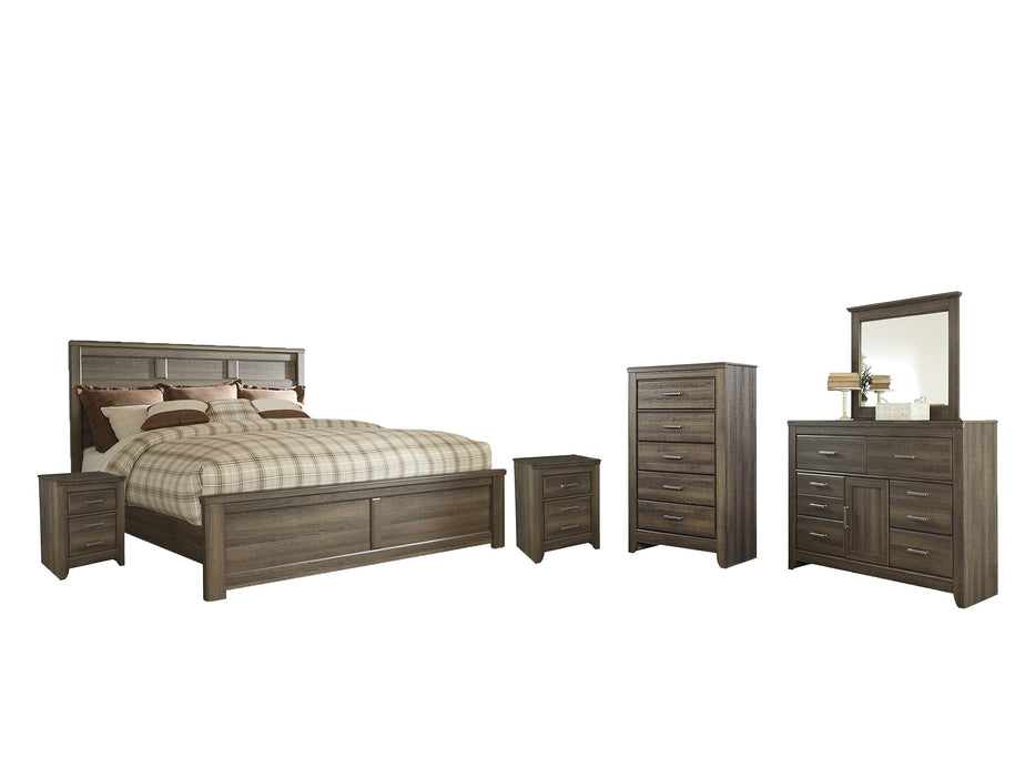 Juararo California King Panel Bed with Mirrored Dresser, Chest and 2 Nightstands Huntsville Furniture Outlet