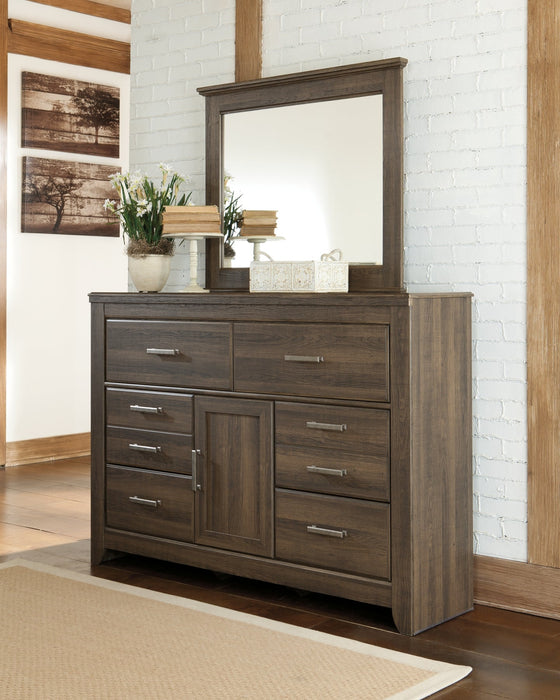 Juararo California King Panel Bed with Mirrored Dresser, Chest and 2 Nightstands Huntsville Furniture Outlet