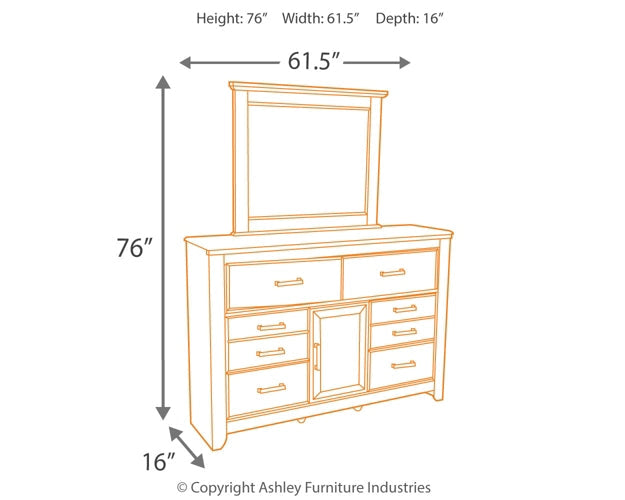 Juararo California King Panel Bed with Mirrored Dresser, Chest and 2 Nightstands Huntsville Furniture Outlet