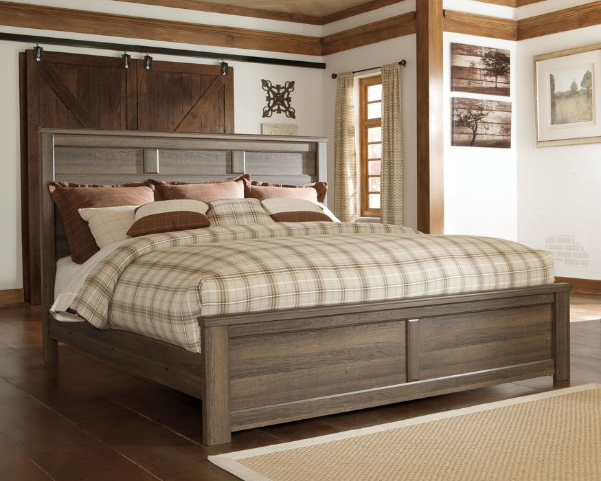 Juararo California King Panel Bed with Mirrored Dresser, Chest and 2 Nightstands Huntsville Furniture Outlet