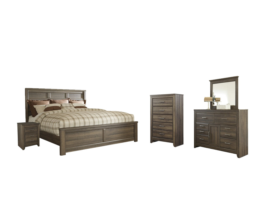 Juararo California King Panel Bed with Mirrored Dresser, Chest and Nightstand Huntsville Furniture Outlet