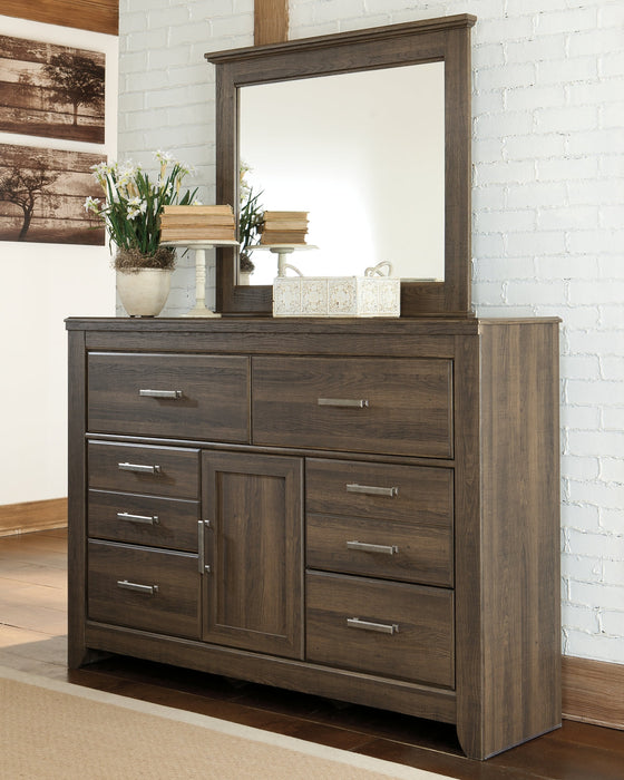 Juararo California King Panel Bed with Mirrored Dresser Huntsville Furniture Outlet