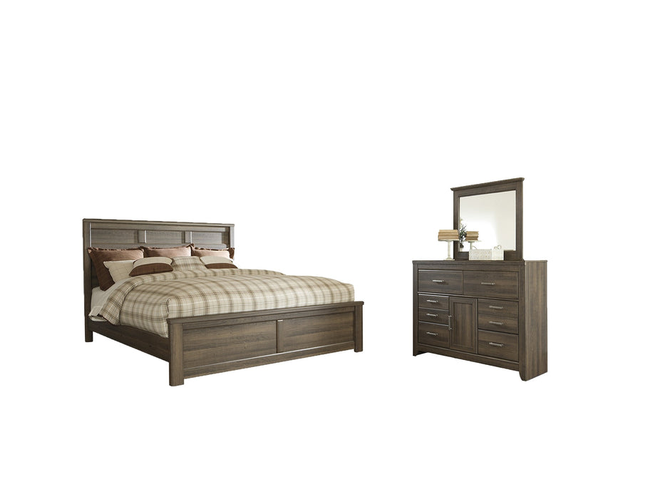 Juararo California King Panel Bed with Mirrored Dresser Huntsville Furniture Outlet