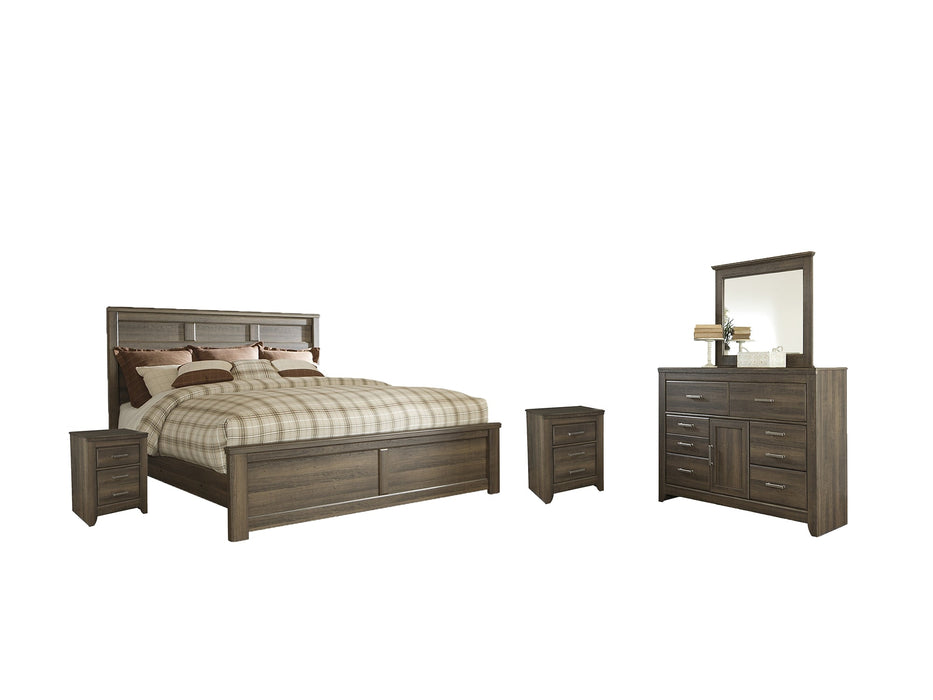 Juararo California King Panel Bed with Mirrored Dresser and 2 Nightstands Huntsville Furniture Outlet