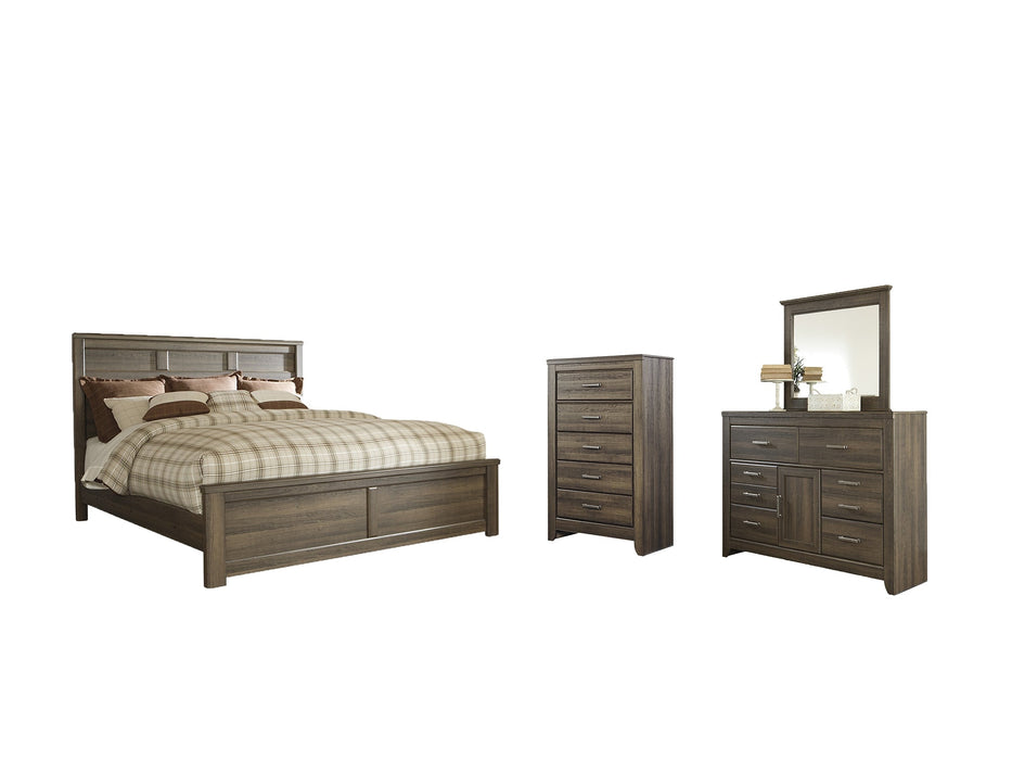 Juararo California King Panel Bed with Mirrored Dresser and Chest Huntsville Furniture Outlet