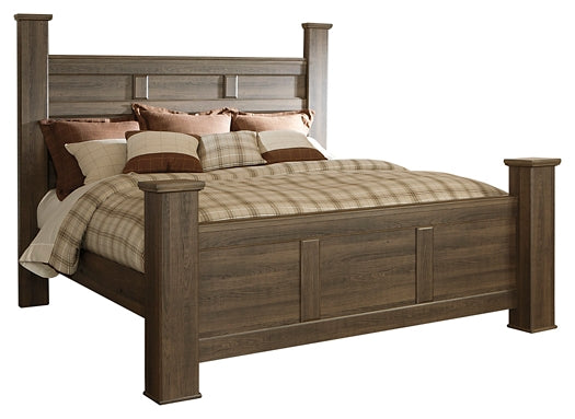 Juararo California King Poster Bed with Mirrored Dresser, Chest and 2 Nightstands Huntsville Furniture Outlet