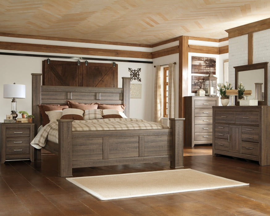 Juararo California King Poster Bed with Mirrored Dresser, Chest and 2 Nightstands Huntsville Furniture Outlet