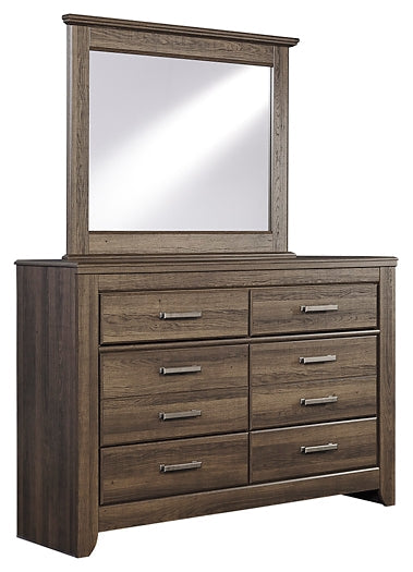 Juararo California King Poster Bed with Mirrored Dresser, Chest and 2 Nightstands Huntsville Furniture Outlet