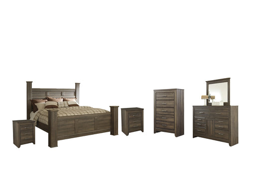 Juararo California King Poster Bed with Mirrored Dresser, Chest and 2 Nightstands Huntsville Furniture Outlet