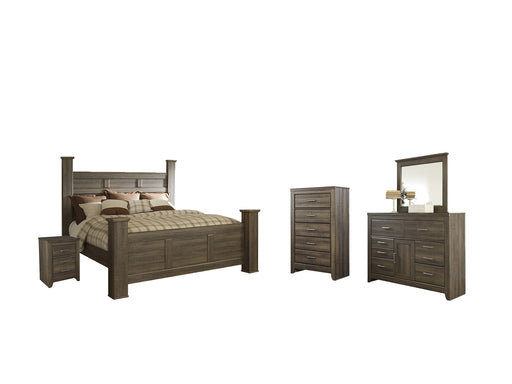 Juararo California King Poster Bed with Mirrored Dresser, Chest and Nightstand Huntsville Furniture Outlet