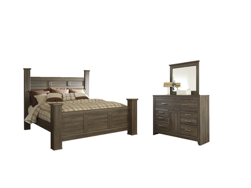 Juararo California King Poster Bed with Mirrored Dresser Huntsville Furniture Outlet