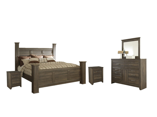 Juararo California King Poster Bed with Mirrored Dresser and 2 Nightstands Huntsville Furniture Outlet