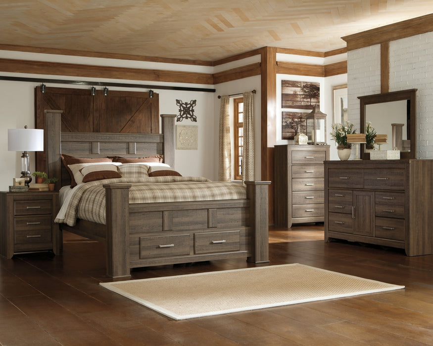 Juararo California King Poster Bed with Mirrored Dresser and Chest Huntsville Furniture Outlet