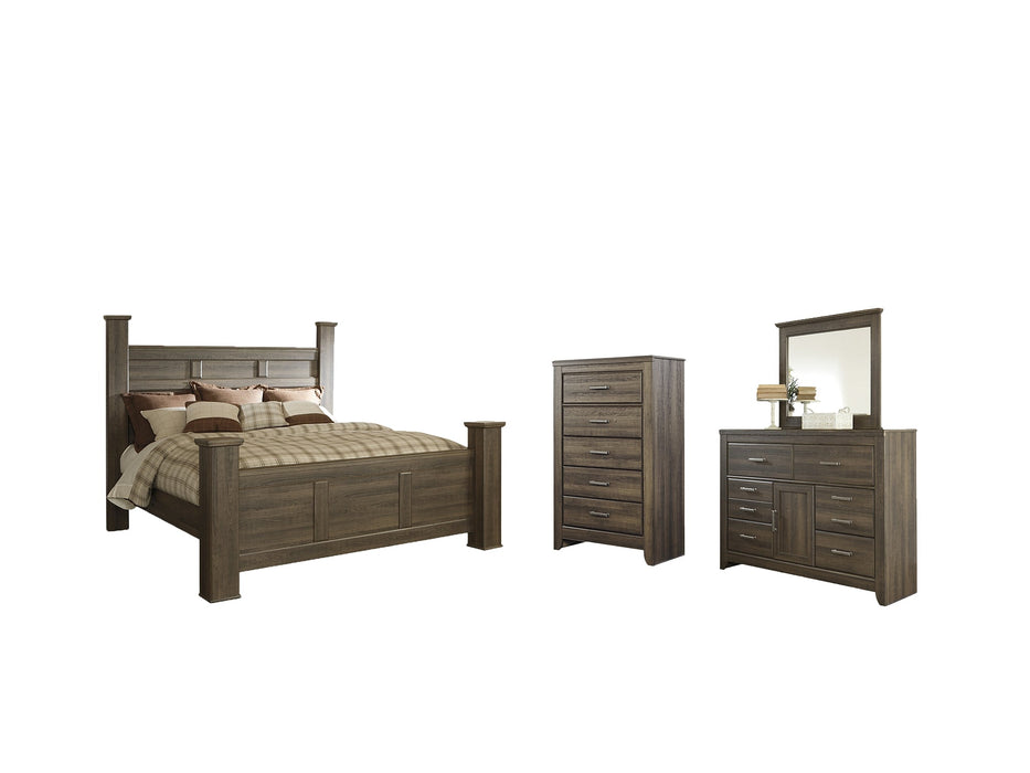 Juararo California King Poster Bed with Mirrored Dresser and Chest Huntsville Furniture Outlet