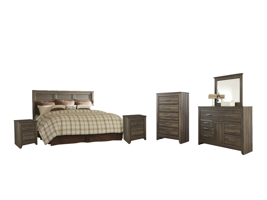 Juararo King/California King Panel Headboard with Mirrored Dresser, Chest and 2 Nightstands Huntsville Furniture Outlet