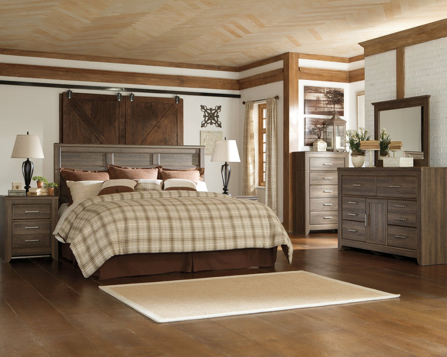 Juararo King/California King Panel Headboard with Mirrored Dresser, Chest and 2 Nightstands Huntsville Furniture Outlet