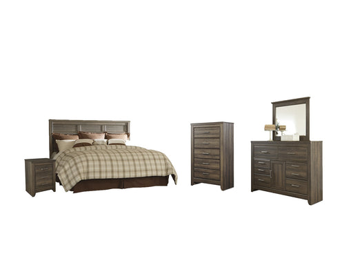 Juararo King/California King Panel Headboard with Mirrored Dresser, Chest and Nightstand Huntsville Furniture Outlet