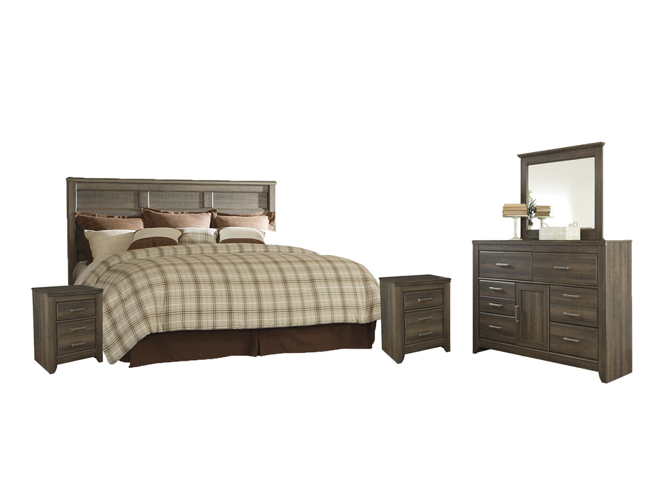 Juararo King/California King Panel Headboard with Mirrored Dresser and 2 Nightstands Huntsville Furniture Outlet