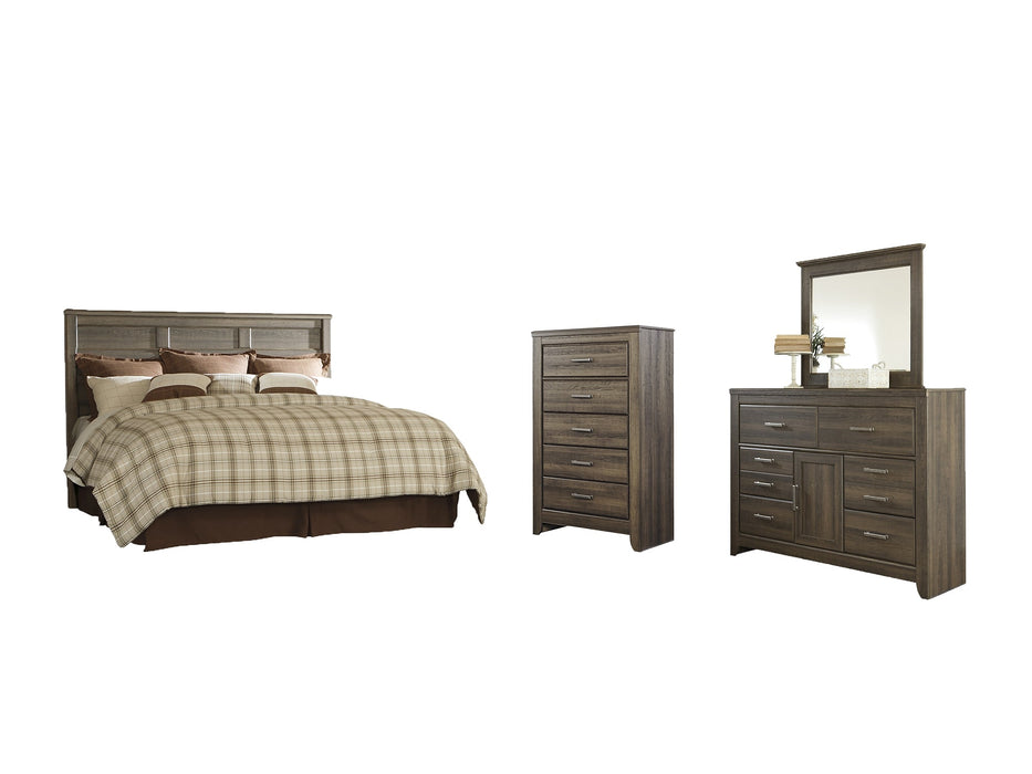 Juararo King/California King Panel Headboard with Mirrored Dresser and Chest Huntsville Furniture Outlet