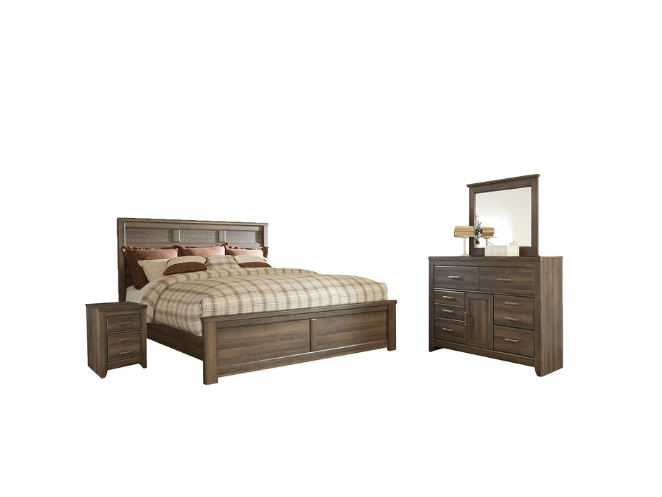 Juararo King Panel Bed with Mirrored Dresser and 2 Nightstands Huntsville Furniture Outlet