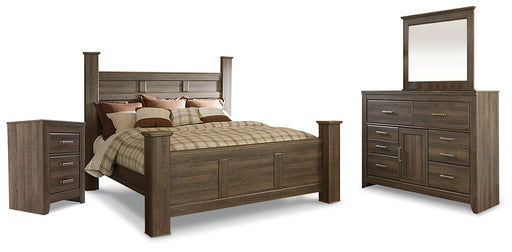 Juararo King Poster Bed with Mirrored Dresser and Nightstand Huntsville Furniture Outlet