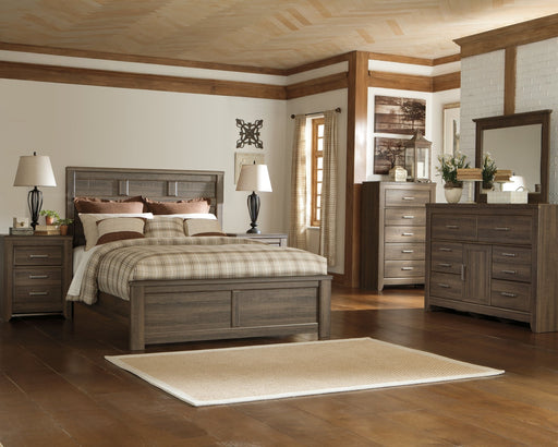 Juararo Queen Panel Bed with Mirrored Dresser, Chest and 2 Nightstands Huntsville Furniture Outlet