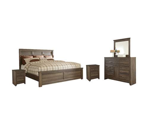 Juararo Queen Panel Bed with Mirrored Dresser and 2 Nightstands Huntsville Furniture Outlet