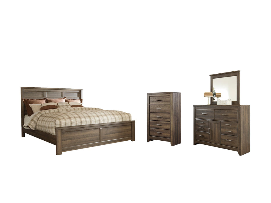 Juararo Queen Panel Bed with Mirrored Dresser and Chest Huntsville Furniture Outlet