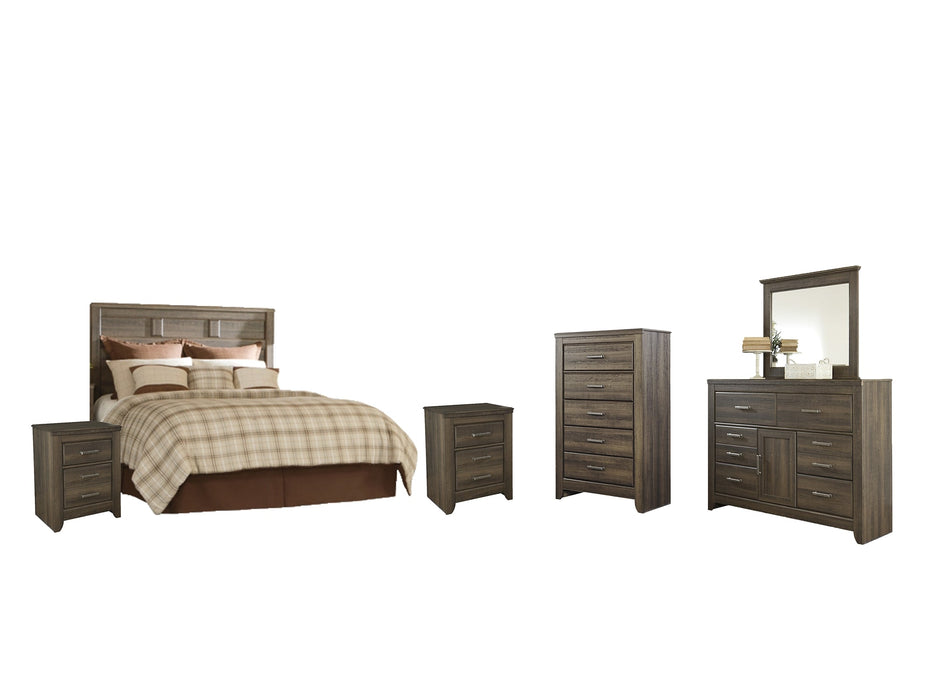 Juararo Queen Panel Headboard with Mirrored Dresser, Chest and 2 Nightstands Huntsville Furniture Outlet