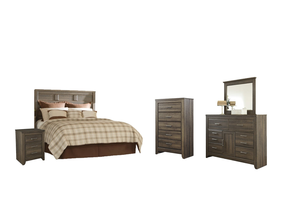 Juararo Queen Panel Headboard with Mirrored Dresser, Chest and Nightstand Huntsville Furniture Outlet