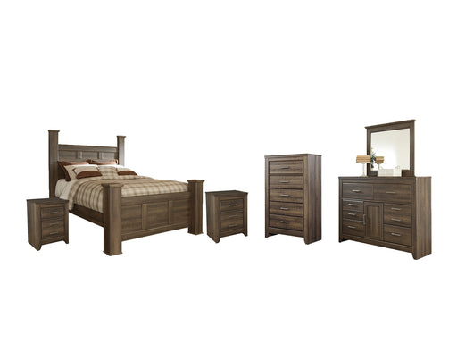 Juararo Queen Poster Bed with Mirrored Dresser, Chest and 2 Nightstands Huntsville Furniture Outlet