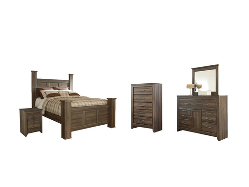 Juararo Queen Poster Bed with Mirrored Dresser, Chest and Nightstand Huntsville Furniture Outlet